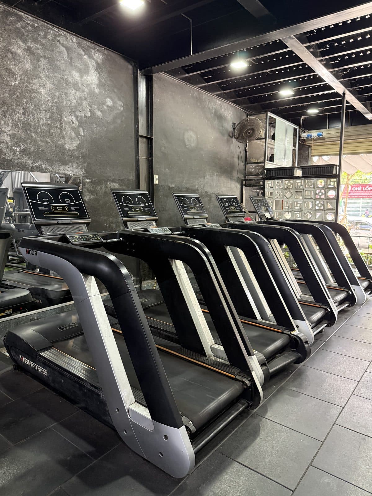 A row of treadmills along the concrete wall
