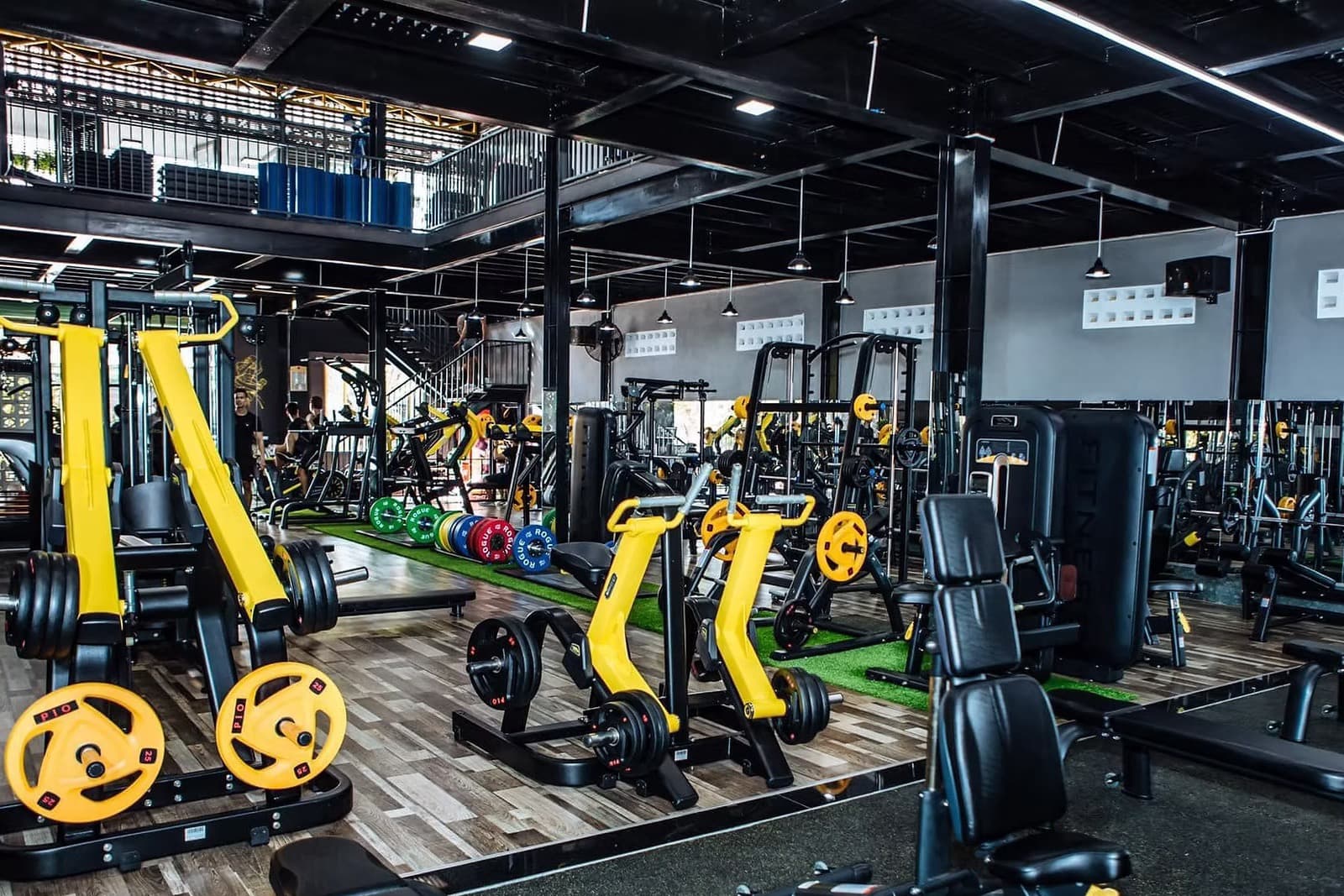The main floor, plate-loaded machines in yellow and black running back towards the racks and the mezzanine above